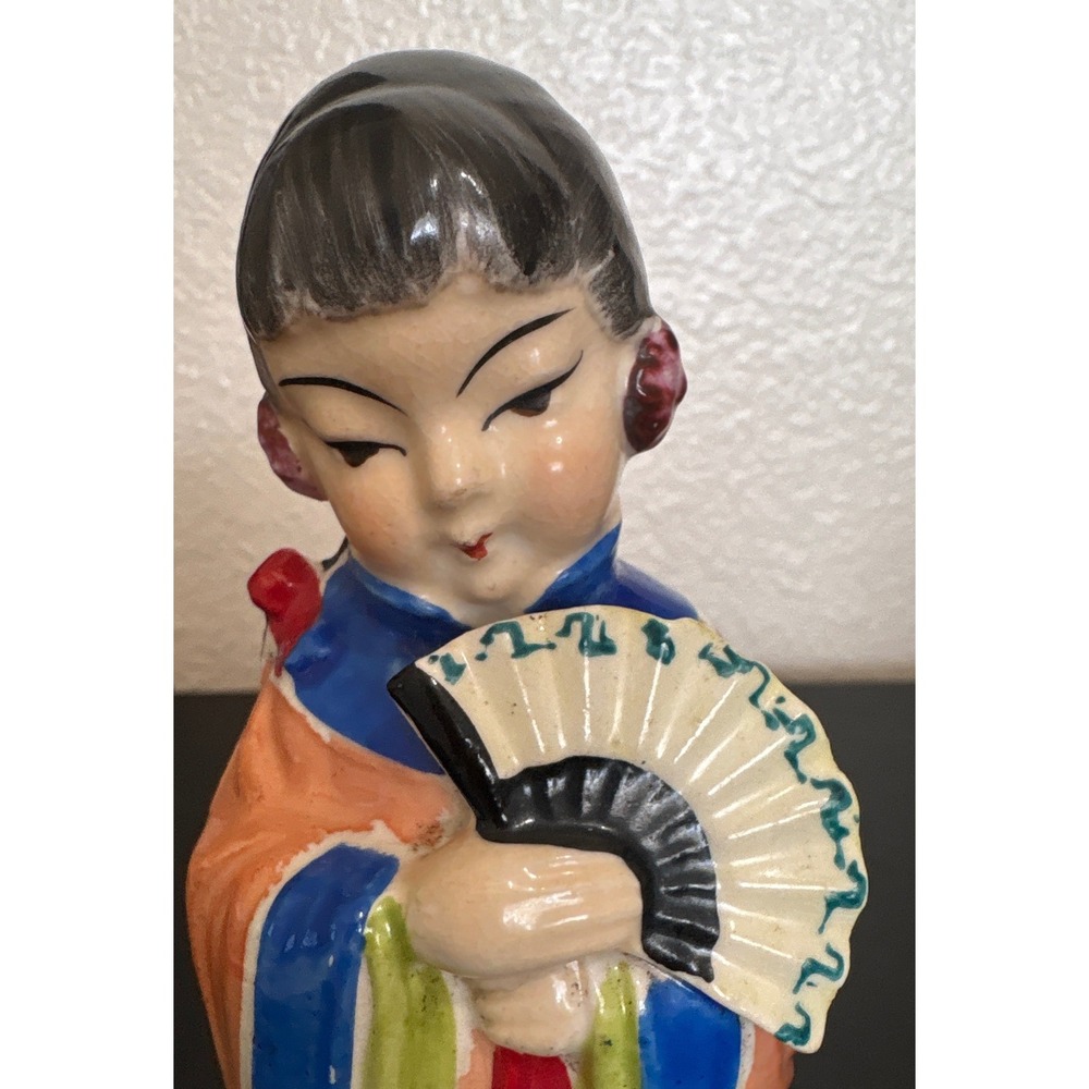 VTG Occupied Japan Ceramic Girl Figurine with Fan Hand Painted 6 Inch
